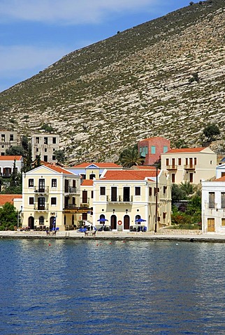 Houses in the bay, town Megisti on Kastelorizo island, Meis, Dodecanese Islands, Aegean, Mediterranean, Greece, Europe