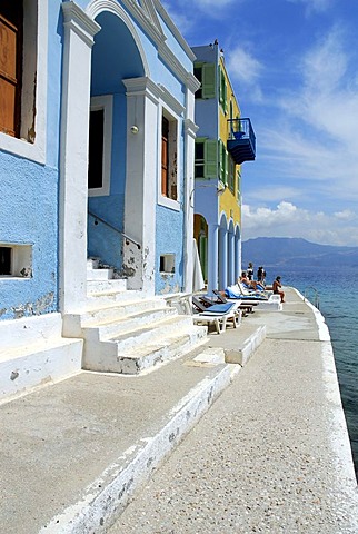 Steps, houses on the waterside, town Megisti on Kastelorizo island, Meis, Dodecanese Islands, Aegean, Mediterranean, Greece, Europe