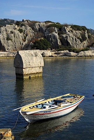 Rowboat and Lycian sarcophagus in the water, village of Kale, Kalekoey or Simena, Kekova Bay, Lycian coast, Antalya Province, Mediterranean, Turkey, Eurasia