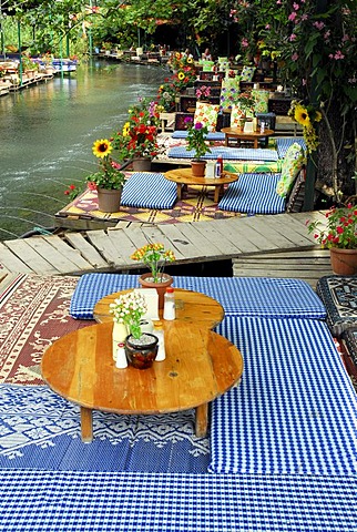 Restaurant terrace at the Esen Cay river, Saklikent Canyon nature park, Ak daglar, Akdagi Mountains, Fethiye in the district of Mugla, Turkey, Eurasia