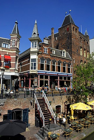 Cafe, bar with terrace by the canal, Oudegracht, old town centre, Utrecht, Holland, Netherlands, Europe