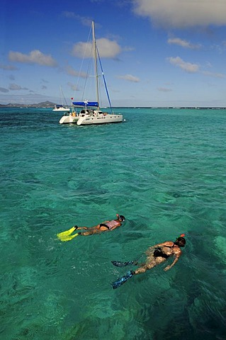 Snorkelling in front of a sailboat on a sailing trip, Tobago Cays, Saint Vincent, Caribbean