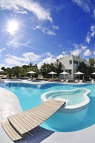 Swimming pool, Hotel Ekies, Vourvouru, Sithonia, Chalkidiki or Halkidiki, Greece, Europe