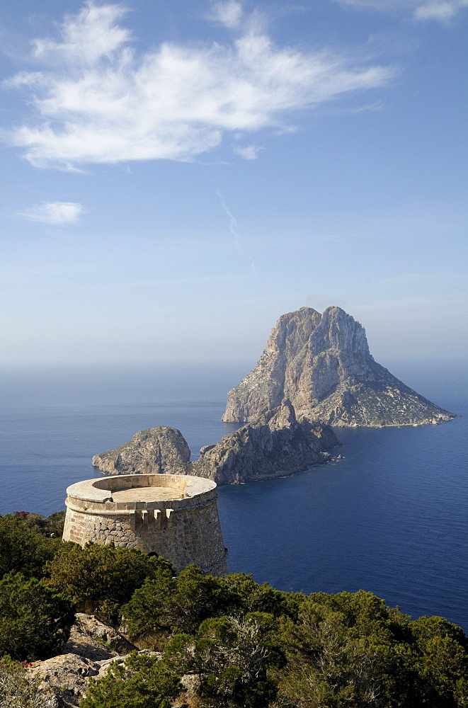 Torre del Pirata and the islands of Es Vedranell and Es Vedra, Ibiza, Pityuses, Balearic Islands, Spain, Europe