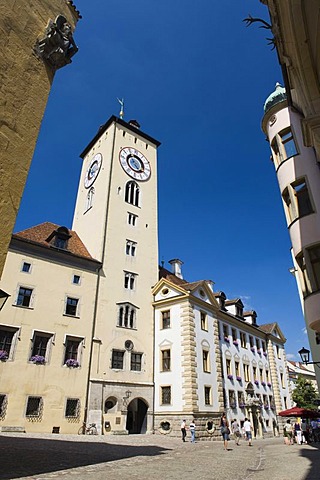 Altes Rathaus old town hall with tower and restaurant, Rathausplatz town hall square, Regensburg, Upper Palatinate, Bavaria, Germany, Europe