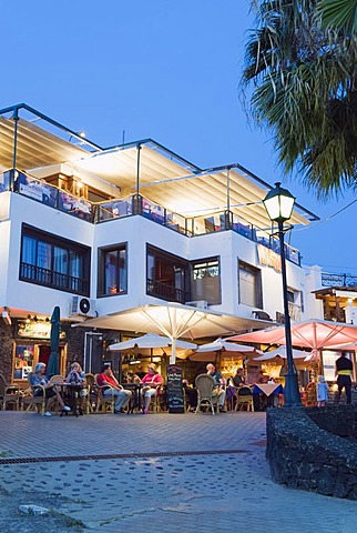 Restaurants at the fishing port at night, Puerto del Carmen, Lanzarote, Canary Islands, Spain, Europe