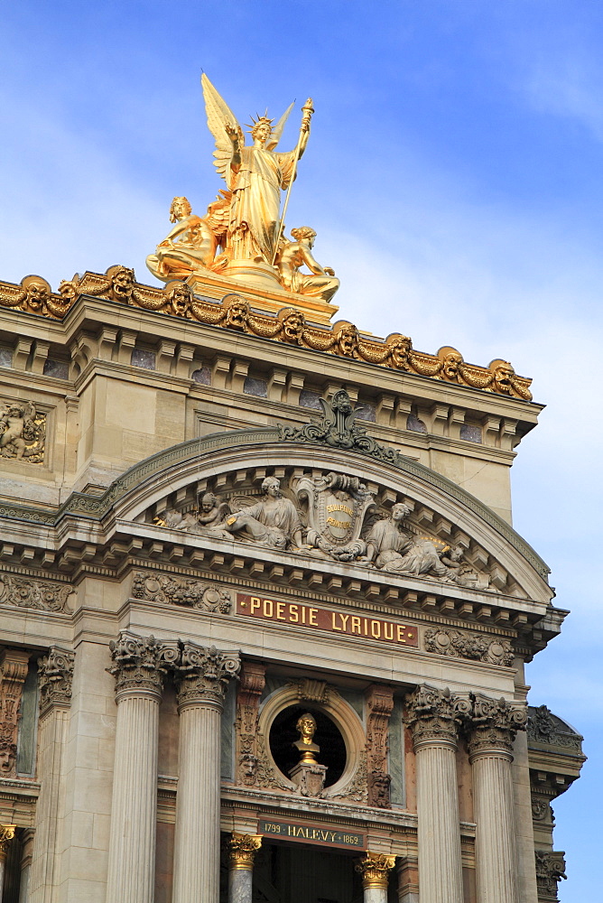 Main facade, Opera de Paris, Palais Garnier, statue of the Allegory of Lyric Poetry and a bust of the composer Halevy, 9th Arrondissement, Paris, France, Europe