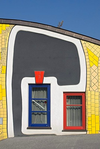 Colourful facade at Rogner Bad Blumau hotel complex, designed by architect Friedensreich Hundertwasser, in spa town Bad Blumau, Styria, Austria, Europe