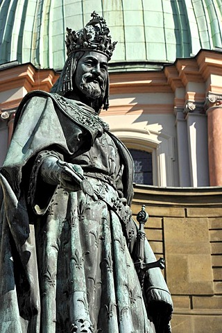 Bronze statue, monument of Emperor Charles IV on the Old Town bridge tower, Charles Bridge, Prague, Bohemia, Czech Republic, Europe