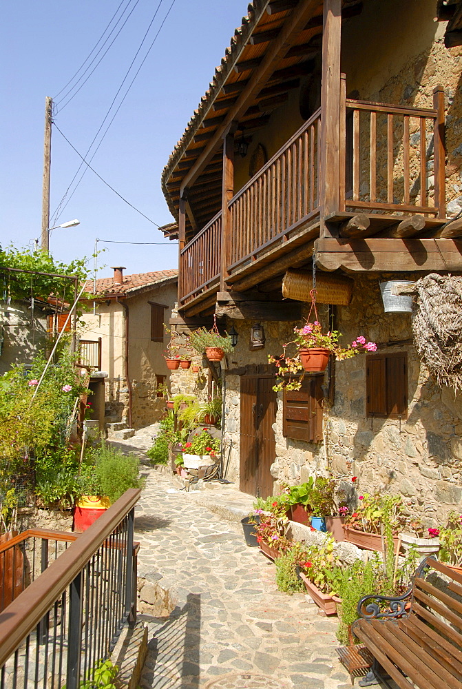 Romantic alley with flowers, mountain village of Kakopetria, Troodos Mountains, Southern Cyprus, Republic of Cyprus, Mediterranean Sea, Europe