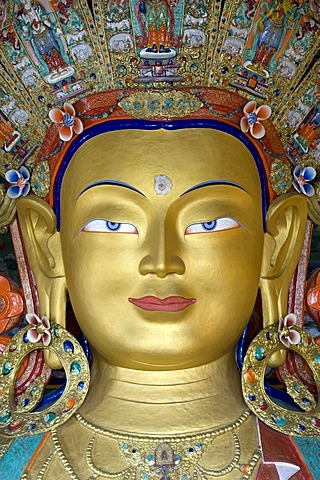 Tibetan Buddhism, Buddha Maitreya, Buddha of the future, portrait, Buddha statue, Thiksey Gompa Monastery, Thikse, Tikse, Ladakh region, Jammu and Kashmir, India, South Asia