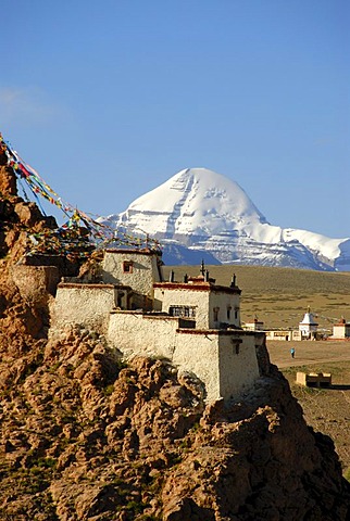 Tibetan Buddhism, monastery on the mountain slope, rocks, Chiu Gompa, snow-covered sacred Mount Kailash, south side with channel, Gang-Tise-Mountains, Trans-Himalaya, Himalayas, Tibet Autonomous Region, People's Republic of China, Asia