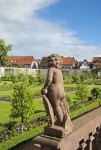 Baroque, sandstone cherub, convent garden, Basilica of St. Marcellinus and Peter, former Benedictine monastery, Seligenstadt, Hesse, Germany, Europe