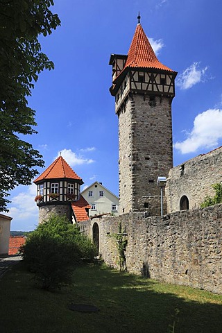 Zwingerturm and Waagglockenturm towers of the Kirchenburg Ostheim fortified church, Ostheim vor der Rhoen, Rhoen-Grabfeld district, Lower Franconia, Bavaria, Germany, Europe