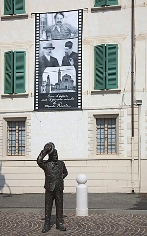 Monument to the movie character Giuseppe Bottazzi called Peppone, Brescello in front of the city hall, Emilia Romagna, Italy, Europe