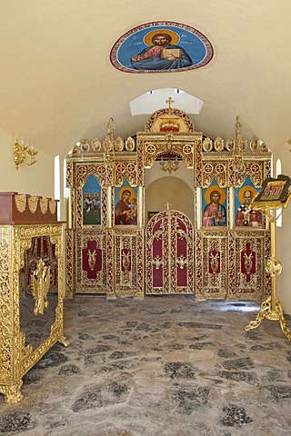 Inside the small chapel at the harbour of the small island Amouliani off the Athos Peninsula in Chalcidice, Central Macedoniam, Greece, Europe