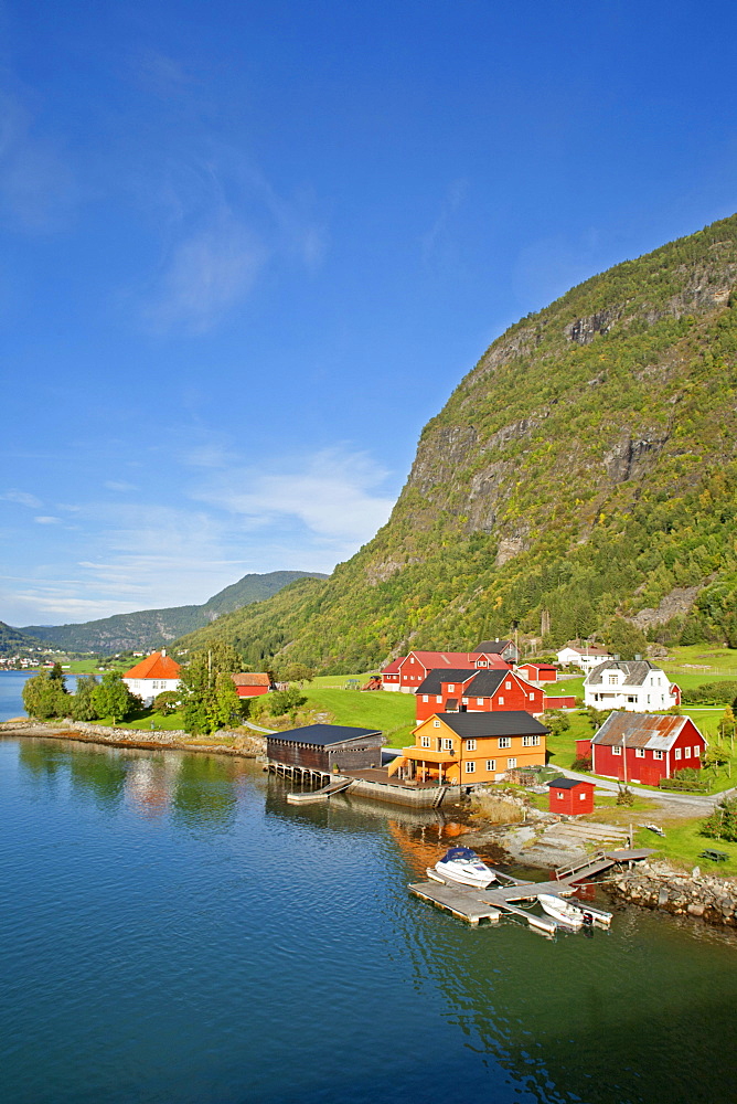 Colourful wooden houses at Sognefjord at Sogndal, Norway, Scandinavia, Europe