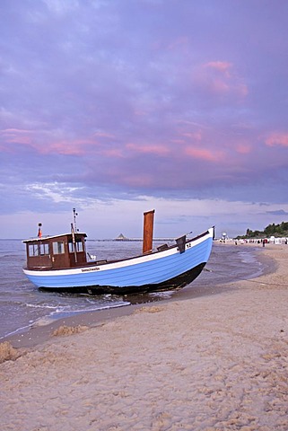 Fishing boat on the beach, Heringsdorf, Usedom island, Baltic Sea, Mecklenburg-Western Pomerania, Germany, Europe