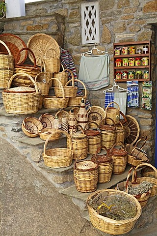 Baskets, gift shop in the Volas mountain village, Tinos island, Cyclades, Aegean Sea, Greece, Europe