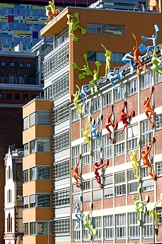 Varied colourful architecture with the Flossies installation by Rosalie in the foreground, Medienhafen media harbour, Duesseldorf, North Rhine-Westphalia, Germany, Europe