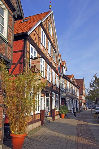 Guesthouse, Hornbacher's Golden Angel in front of historic half-timbered houses, Castle Street, district of Harburg, Hanseatic City of Hamburg, Germany, Europe