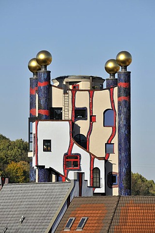 The 33 metre high Regenturm, Rain Tower, Hundertwasser House in Plochingen, Baden-Wuerttemberg, Germany, Europe