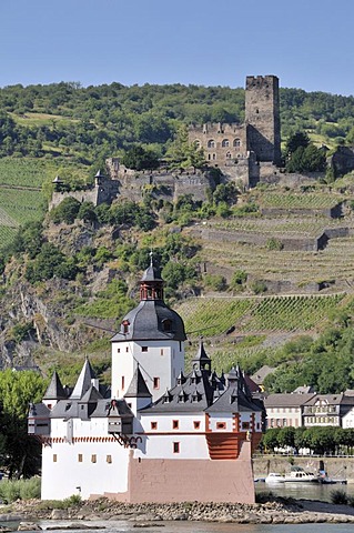 Burg Pfalzgrafenstein Toll Castle, near Kaub, in front of Burg Gutenfels Castle, UNESCO World Heritage Site Upper Middle Rhine Valley, Rhineland-Palatinate, Germany, Europe