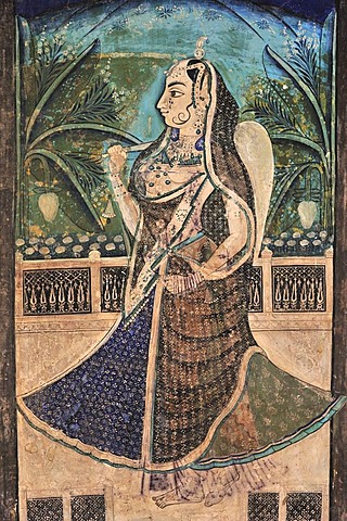 Ancient wall painting with a picture of a splendidly dressed woman in a Maharaja's Palace, City Palace in Bundi, Rajasthan, India, Asia