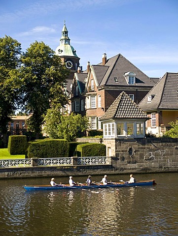 Rowing boat on the Alster in front of St. Johannis' Monastery, Hamburg, Germany, Europe