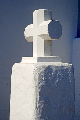 Single white cross, church, monastery, Puig de Missa mountain, Santa Eulalia des Riu, Ibiza, Pityuses, Balearic Islands, Spain, Europe