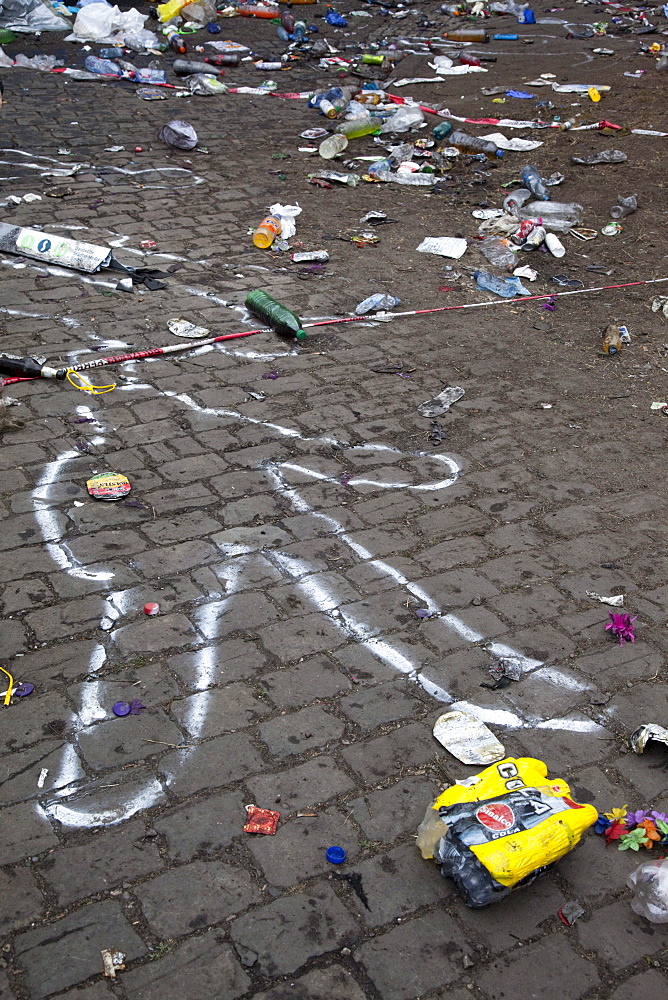 Love Parade 2010, spray chalk outline of a person killed in a stampede, Duisburg, Ruhr Area, North Rhine-Westphalia, Germany, Europe