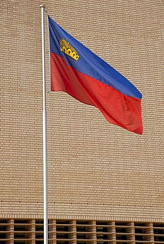 The national flag of Liechtenstein fluttering in front of the parliament building in Vaduz, Principality of Liechtenstein, Europe