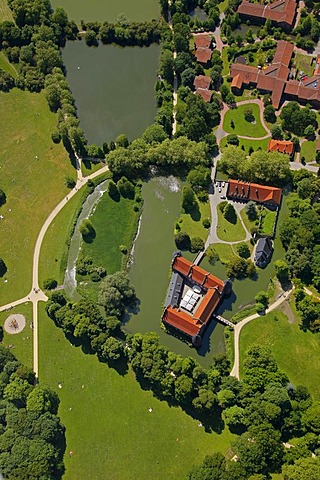 Aerial view, Herten palace gardens, Schloss Herten moated castle, baroque park, Herten, Ruhrgebiet area, North Rhine-Westphalia, Germany, Europe