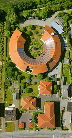 Aerial view, circular building, red roof, old people's home, Alt-Oer retirement home, Oer-Erkenschwick, Ruhrgebiet area, North Rhine-Westphalia, Germany, Europe