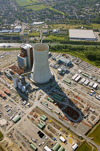 Aerial view, Datteln4 coal power plant of the EON energy corporation, building freeze, Dortmund-Ems canal, Recklinghausen, Ruhrgebiet area, North Rhine-Westphalia, Germany, Europe