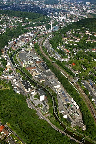 Aerial view, suspended monorail, Bayer Werk plant, Friedrich-Ebert-Strasse street, Selmaweg street, Bayer Schering Pharma AG, a German pharmaceutical company, Wuppertal, North Rhine-Westphalia, Germany, Europe