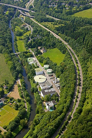 Aerial view, internal wastewater treatment plant of the Bayer Schering Pharma AG on Rutenbecker Weg street, Bayer Schering Pharma AG, a German pharmaceutical company, Wuppertal, North Rhine-Westphalia, Germany, Europe