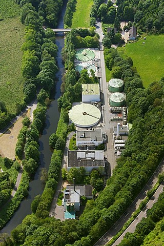 Aerial view, internal wastewater treatment plant of the Bayer Schering Pharma AG on Rutenbecker Weg street, Bayer Schering Pharma AG, a German pharmaceutical company, Wuppertal, North Rhine-Westphalia, Germany, Europe