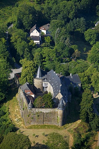 Aerial view, motte, renovated Schloss Hohenlimburg castle, Hagen, Ruhrgebiet area, North Rhine-Westphalia, Germany, Europe