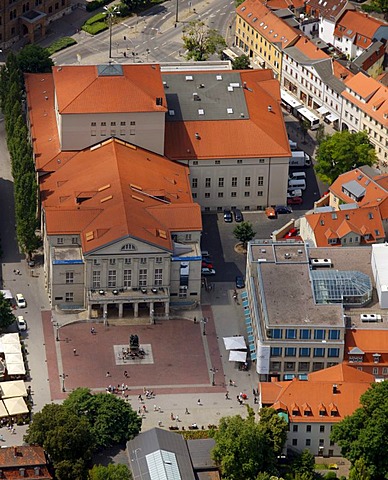 Aerial view, opera house, Goethe and Schiller monument, theater, Weimar, Thuringia, Germany, Europe