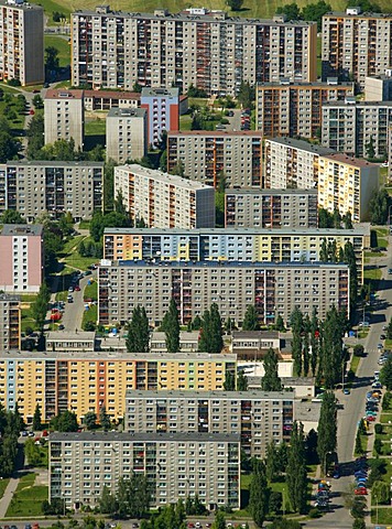 Aerial view, prefabricated buildings, residential area, Ceskych Bratri, Liberec, Czech Republic, Europe