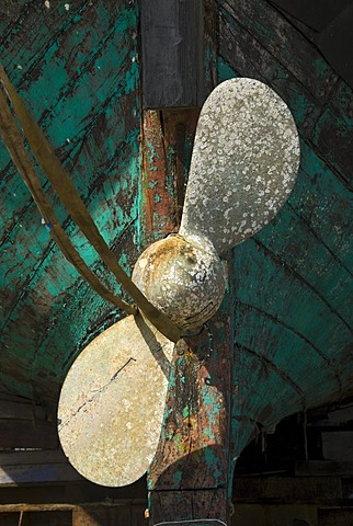 Ship propeller on an old fishing boat in dry dock, port of Hvide Sande, Denmark, Europe