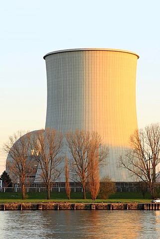 Cooling tower and reactor dome in the evening sun, Biblis nuclear power station on the Rhine, Bergstrasse, Hesse Germany, Europe