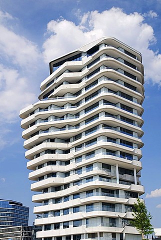 Modern residential building, Marco Polo Tower on Grasbrook, Hafencity district, Hamburg, Germany, Europe