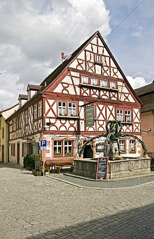 Easter fountain in front of "Alte Schmiede" inn, Prichsenstadt, Lower Franconia, Bavaria, Germany, Europe