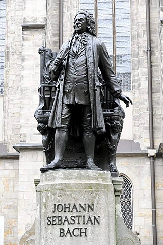 Johann Sebastian Bach, monument on the Thomaskirche church, Leipziger Notenspur trail, Leipzig, Saxony, Germany, Europe