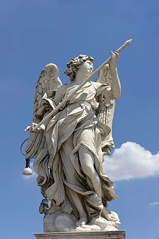 Angel with the lance, by Domenico Guidi, one of the ten statues of angels with symbols of the Passion, design by Bernini, Ponte Sant'Angelo, Rome, Latium, Italy, Europe