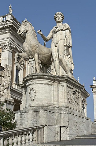 The left one of the two Dioscuri, or Castori, on top of the cordonata leading to Piazza del Campidoglio, Capitoline hill, Rome, Latium, Italy, Europe