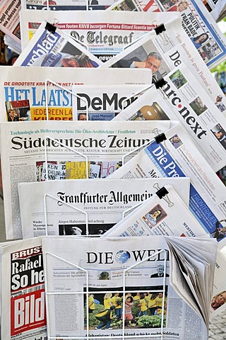 International newspapers at a kiosk, Lisbon, Portugal, Europe