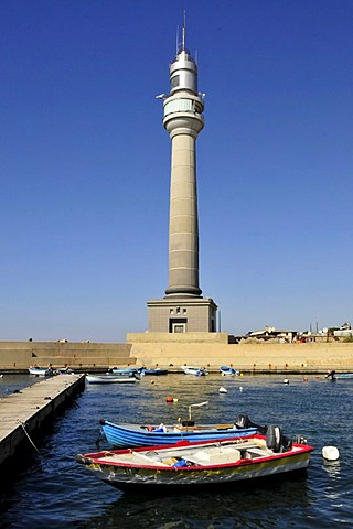 Lighthouse and fishing boats in the fishing harbour of Beirut, Lebanon, Middle East, Asia